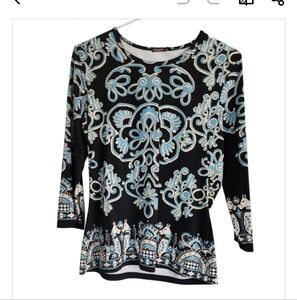 J. McLaughlin Black and Blue Patterned Blouse